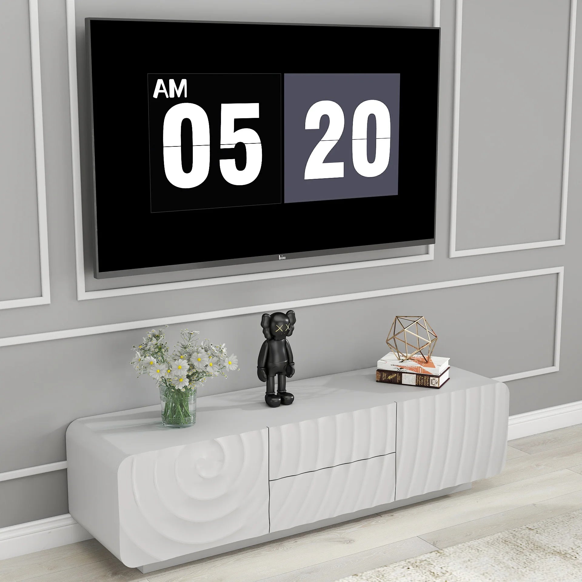 FanciConcept - 58- TV Stand with Unique Spiral Wave Design and Storage - White - 5