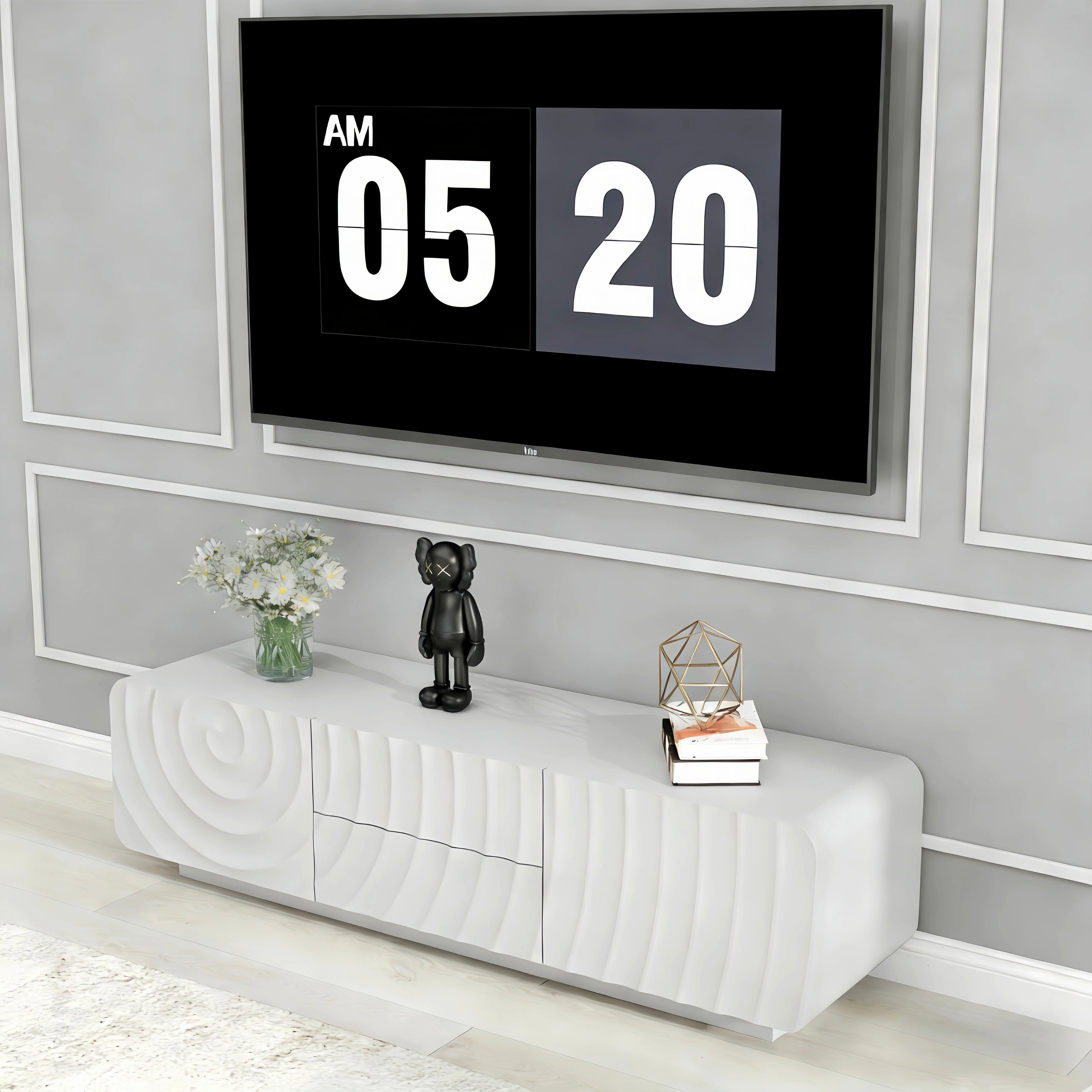FanciConcept - 58- TV Stand with Unique Spiral Wave Design and Storage - White - 7
