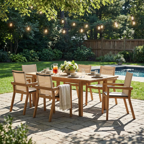 FanciConcept - 7-Piece Acacia Wood Outdoor Dining Set with Extendable Table - Beige - 1- All-Weather Acacia Hardwood