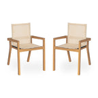 FanciConcept - 7-Piece Acacia Wood Outdoor Dining Set with Extendable Table - Beige - 7- Ergonomic Mesh Seating