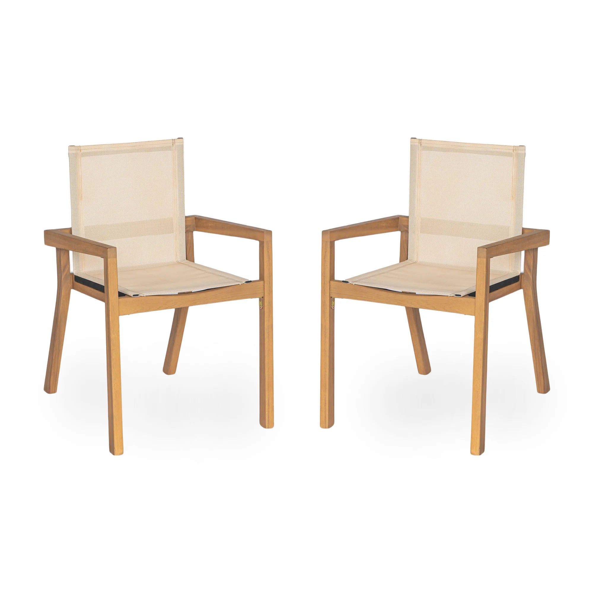 FanciConcept - 7-Piece Acacia Wood Outdoor Dining Set with Extendable Table - Beige - 7- Ergonomic Mesh Seating