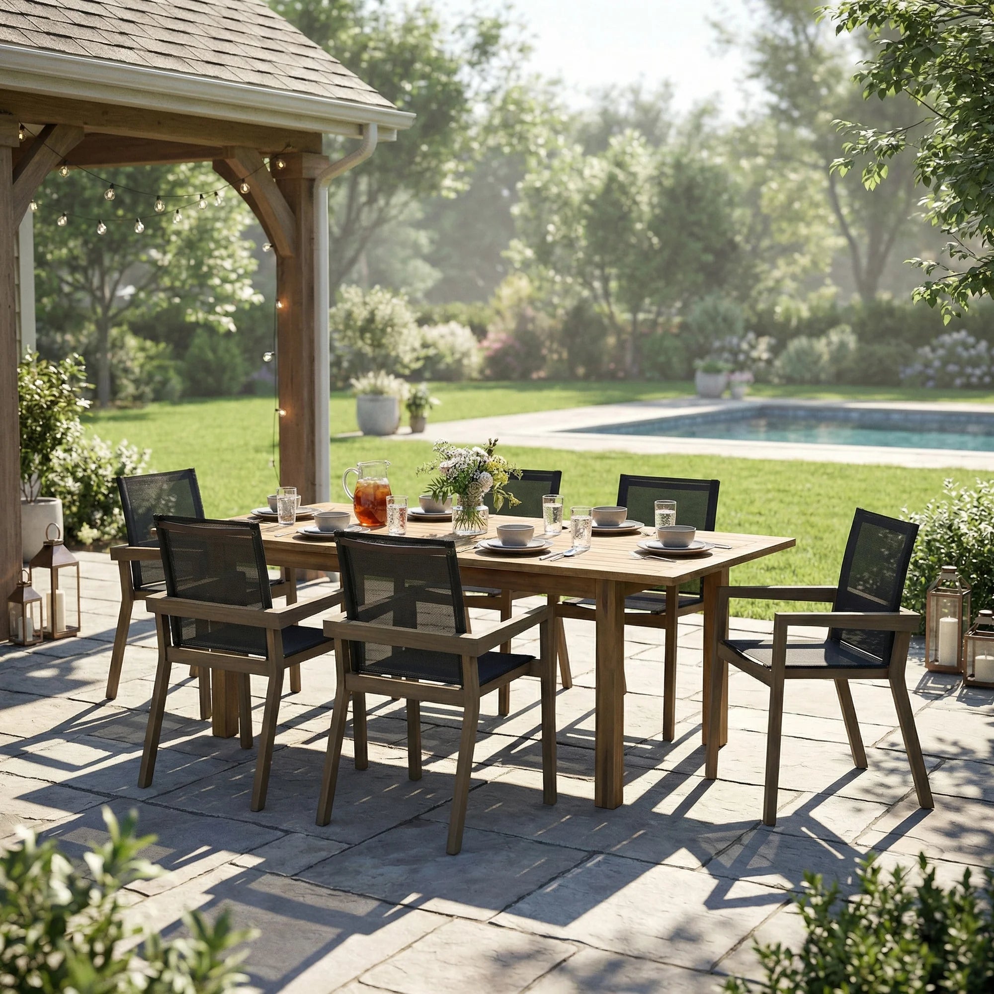 FanciConcept - 7-Piece Acacia Wood Outdoor Dining Set with Extendable Table - Gray - 1