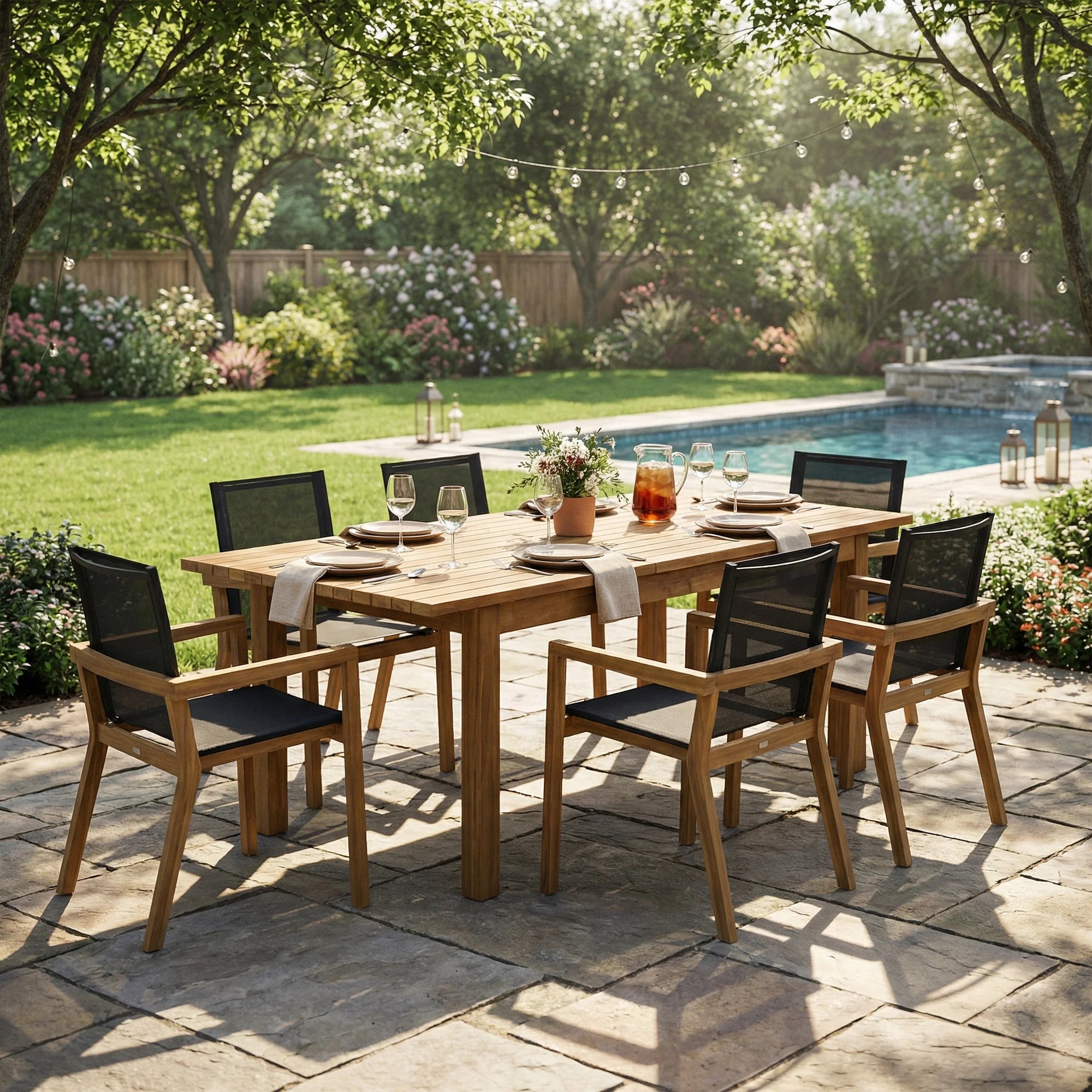 FanciConcept - 7-Piece Acacia Wood Outdoor Dining Set with Extendable Table - Walnut - 1